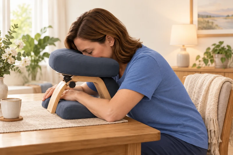 A woman uses a padded tabletop support to maintain a face-down position.