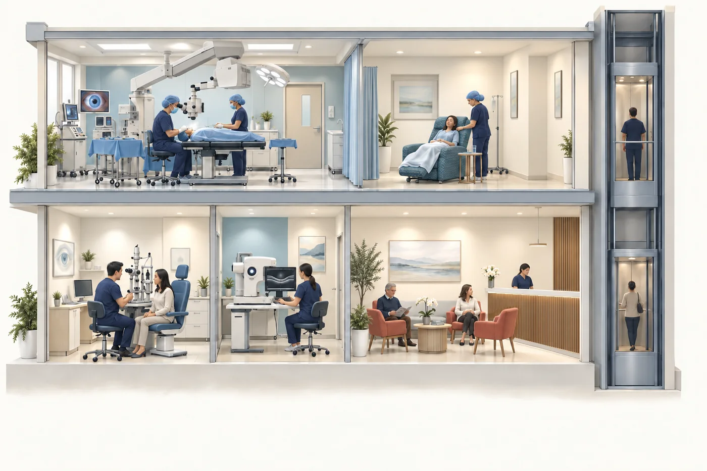 Cutaway illustration of two floors: the day surgery on level 4 with an operating theatre and recovery area, and Dr Chen’s clinic on level 3 with consultation, imaging and waiting areas, joined by a lift.
