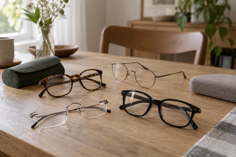 Several pairs of spectacles on a table, representing different everyday vision needs.