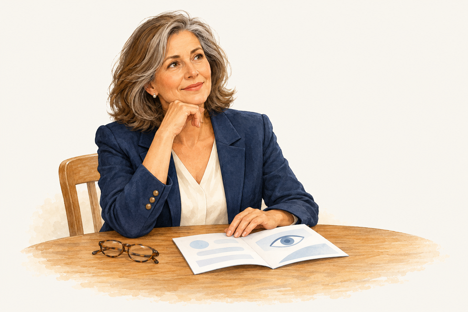 A smartly dressed woman considers a cataract information leaflet, with reading glasses on the table and a question mark above her.