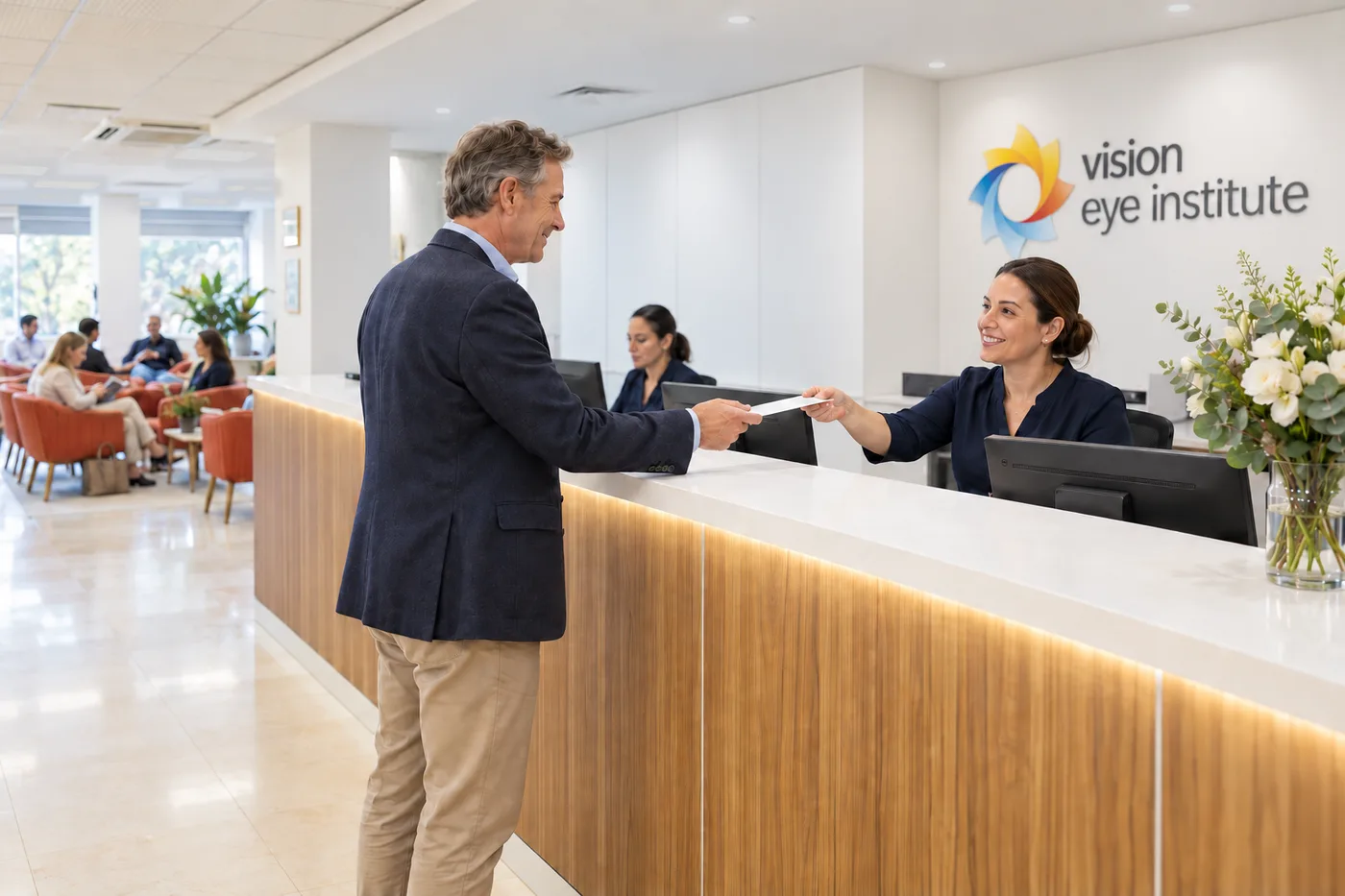 Illustrative photograph: a man handing a referral letter to a receptionist at the clinic front desk