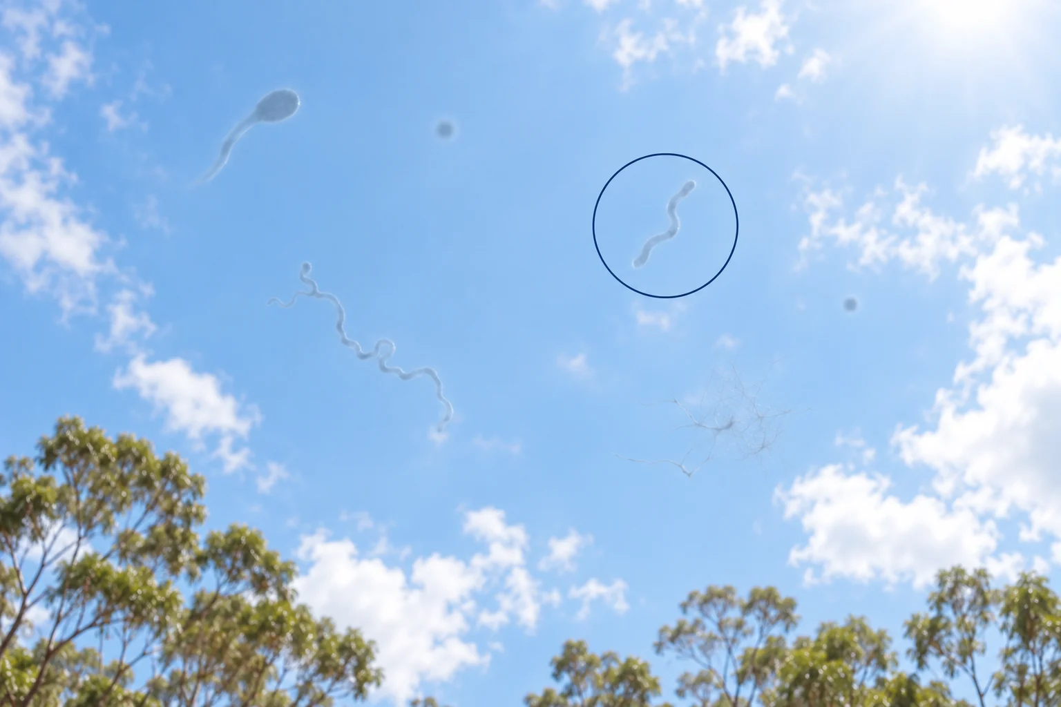 Floaters seen against a bright blue sky above eucalyptus trees: a squiggly strand, a tadpole shape, dots and a faint cobweb.
