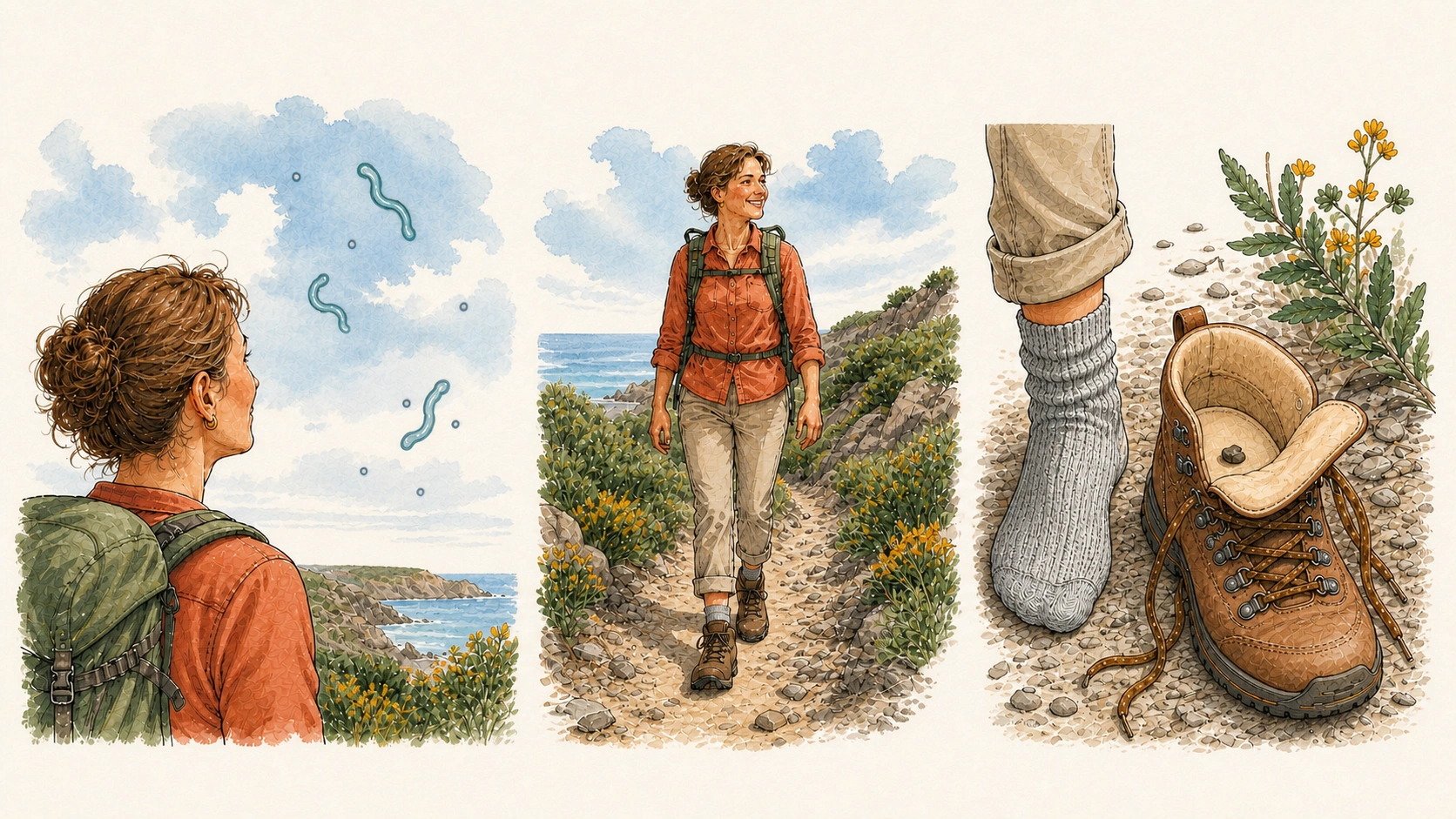 Three panels show a walker noticing floaters, enjoying a coastal hike, and a pebble inside her boot.