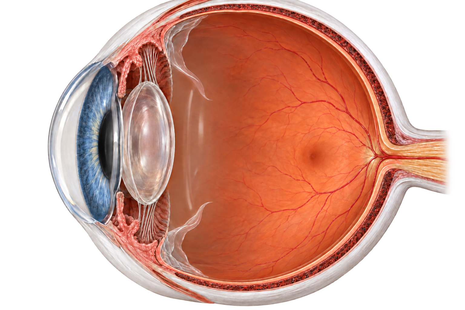 Eye cutaway showing a small translucent rim of residual gel near the front edge of the vitreous cavity, with the retina attached to the back wall.