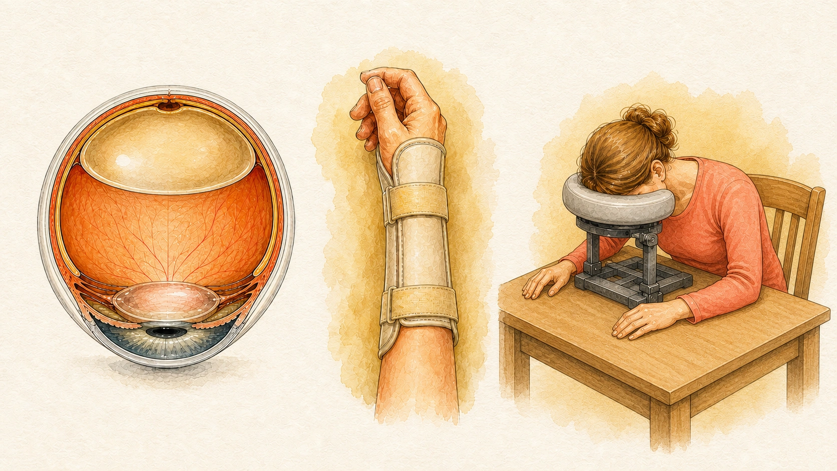 Three-panel teaching illustration: a gas bubble against the back of an eye, a wrist in a splint and a person positioning face down.