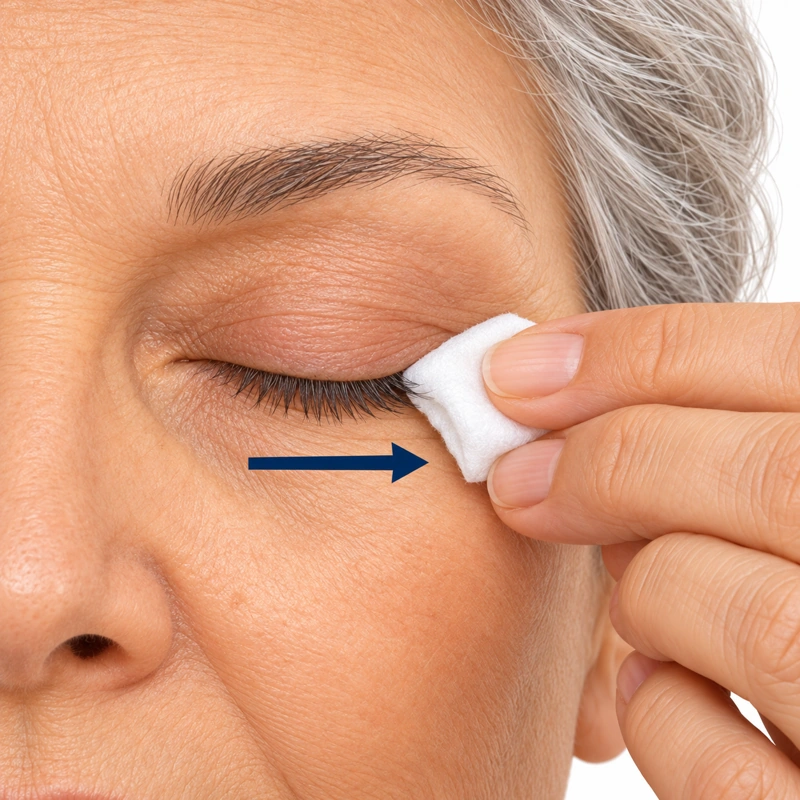 Gently clean the lash roots, moving away from the nose. Use a fresh pad for each eye.