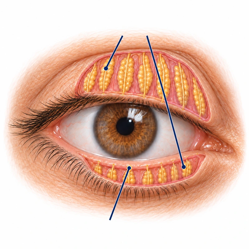 The glands lie inside both eyelids. Their tiny openings sit along the lid edge, behind the lashes.