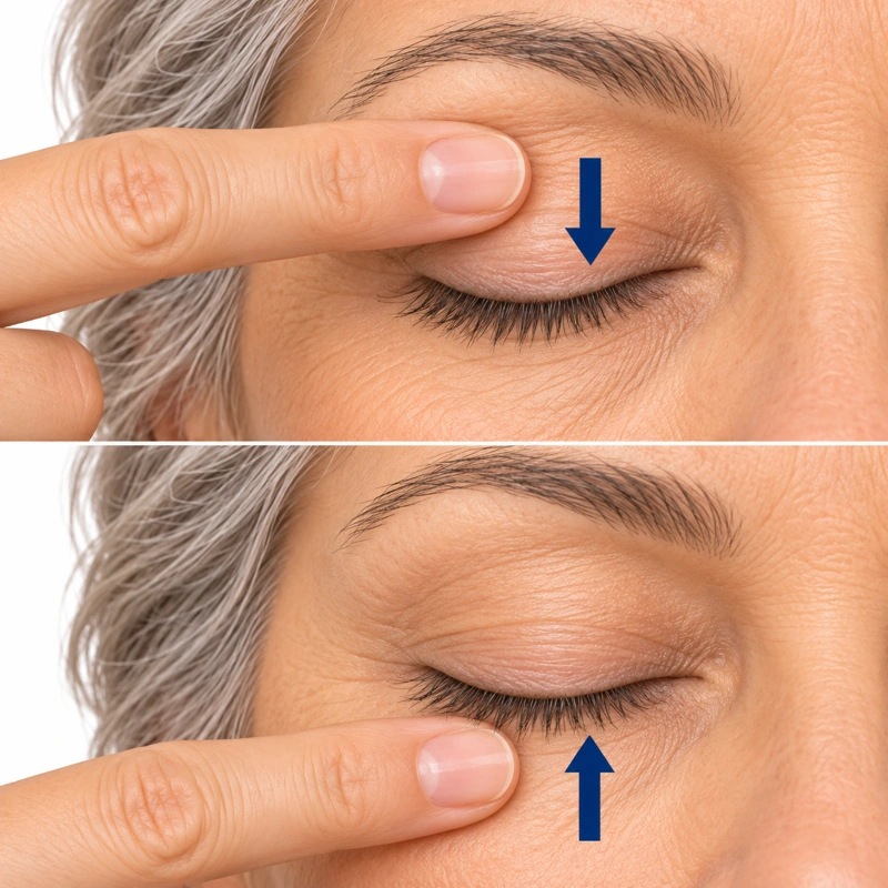Upper lid: down towards the lashes. Lower lid: up towards the lashes. Keep the eye closed and use light pressure.