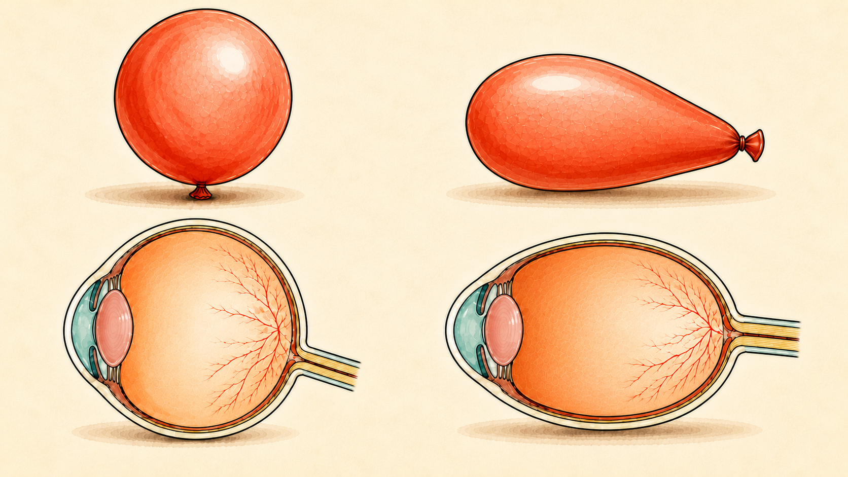 A round and an elongated balloon above matching eye cross-sections illustrate tissue stretching in axial myopia.