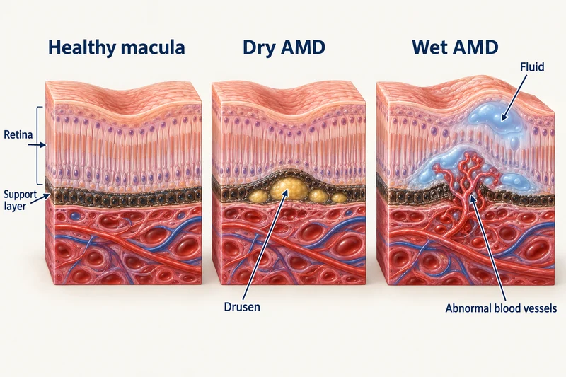 Healthy macula, drusen in dry AMD, and abnormal leaking blood vessels in wet AMD. This schematic shows selected features, not every stage of AMD.