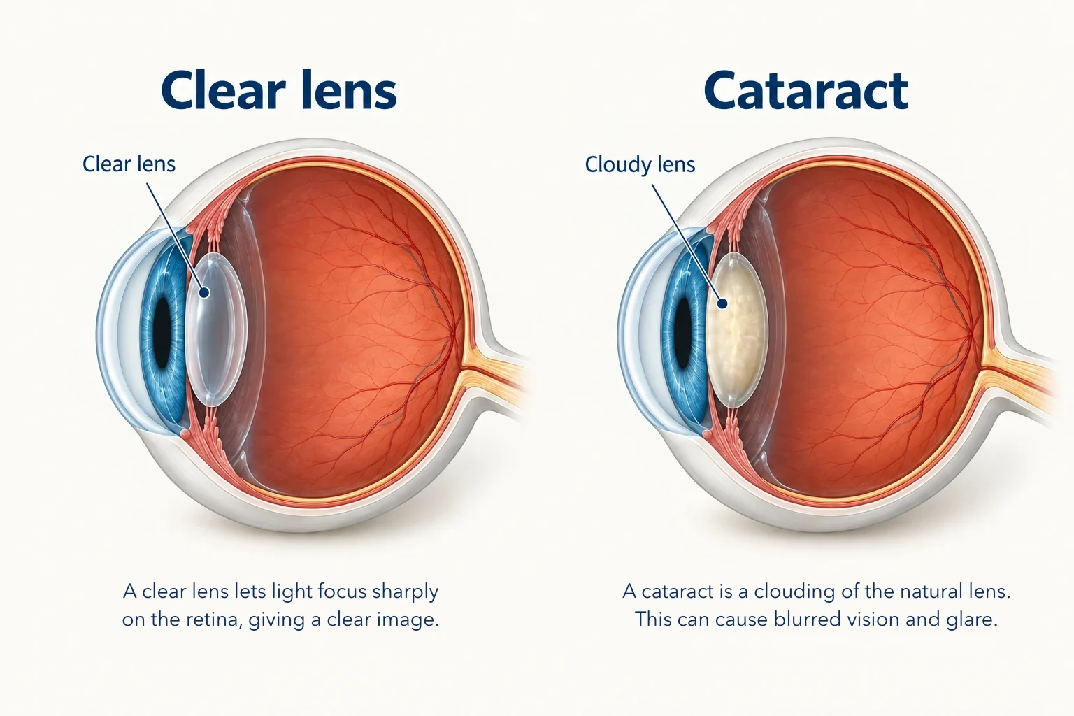 Cutaways compare a clear natural lens and a cloudy cataract lens.