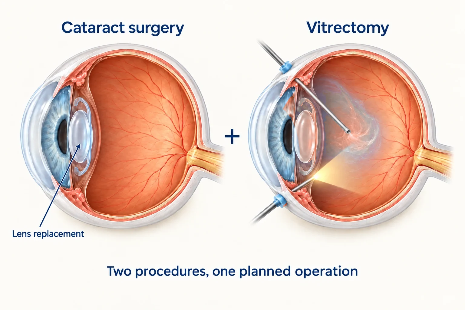 Two linked eye diagrams show cataract removal with a lens implant at the front, and vitrectomy in the vitreous cavity at the back.