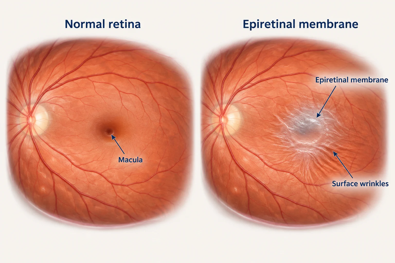 Comparison of a normal macula and a macula distorted by an epiretinal membrane.