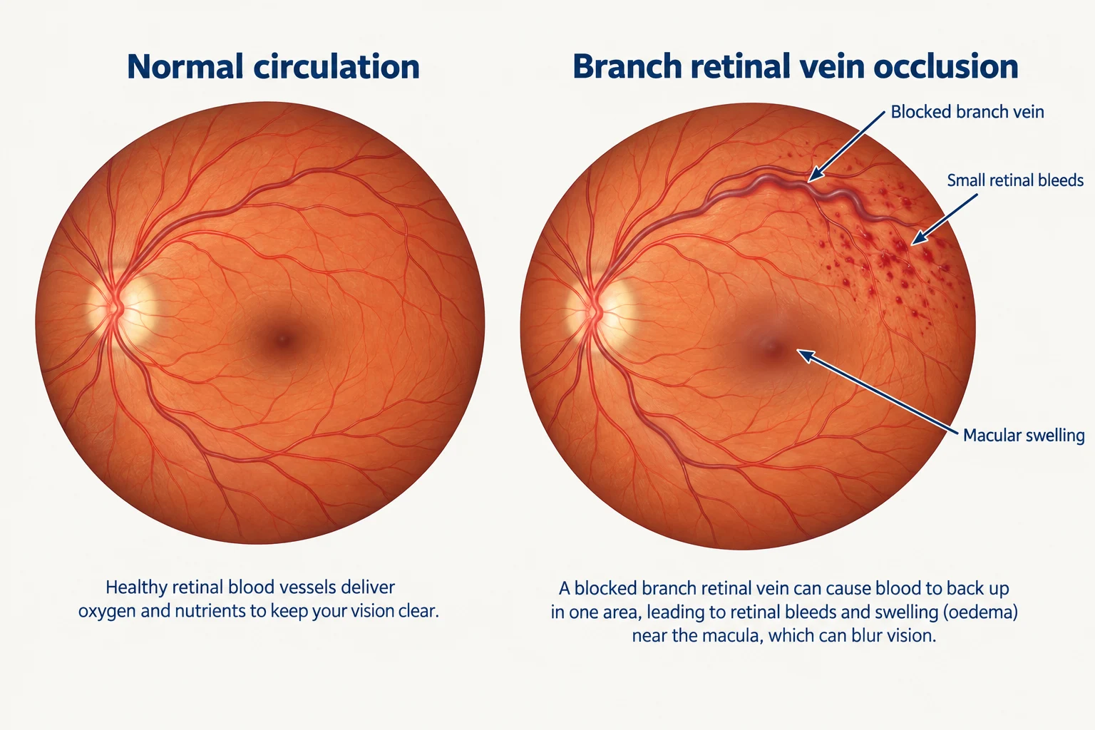 A normal retinal view is compared with branch retinal vein occlusion, showing dilated veins and sectoral retinal haemorrhages.