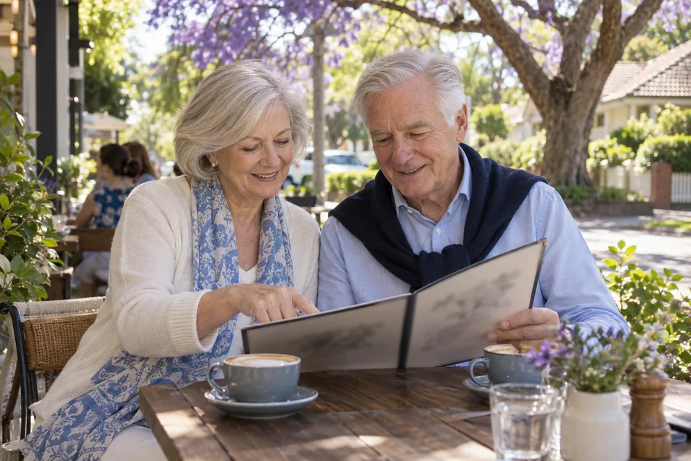 An older couple sharing a menu at a café