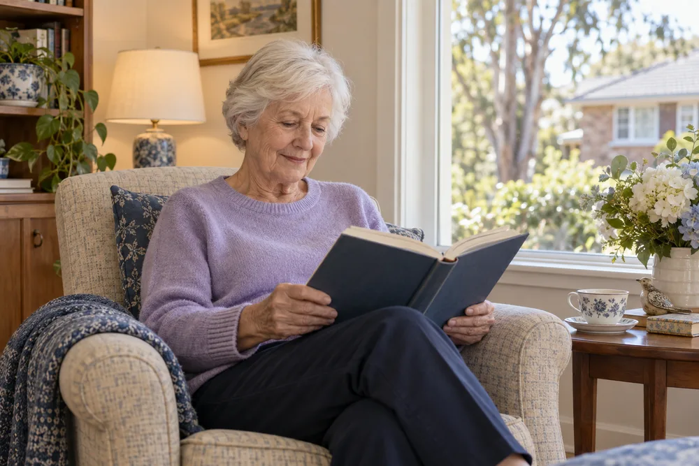 A woman reading a book at home by a window