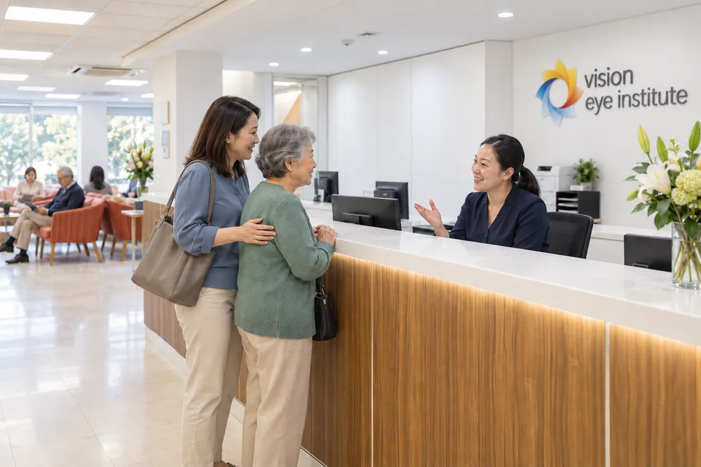 A woman and her adult daughter talking with a receptionist