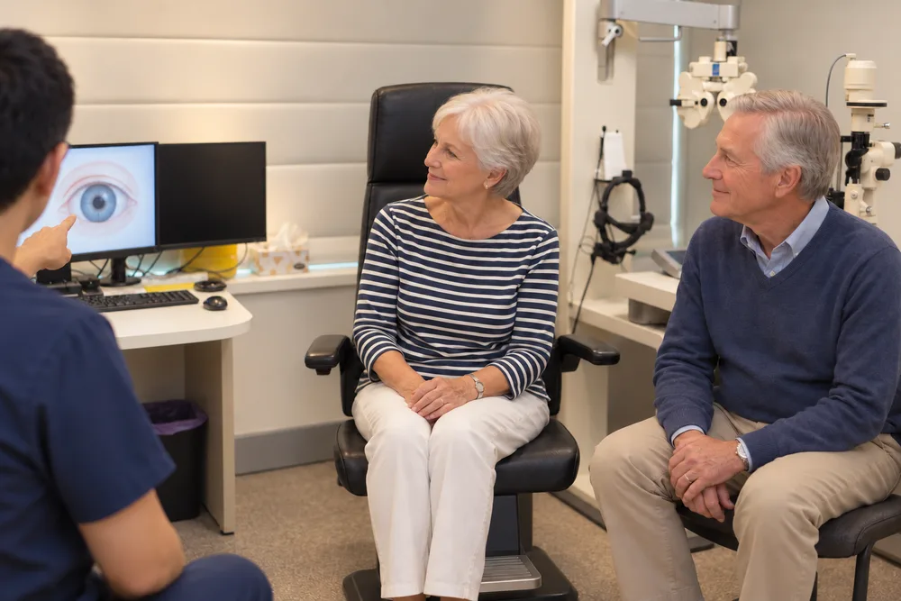 A couple listening as the surgeon explains an eye diagram in the consulting room