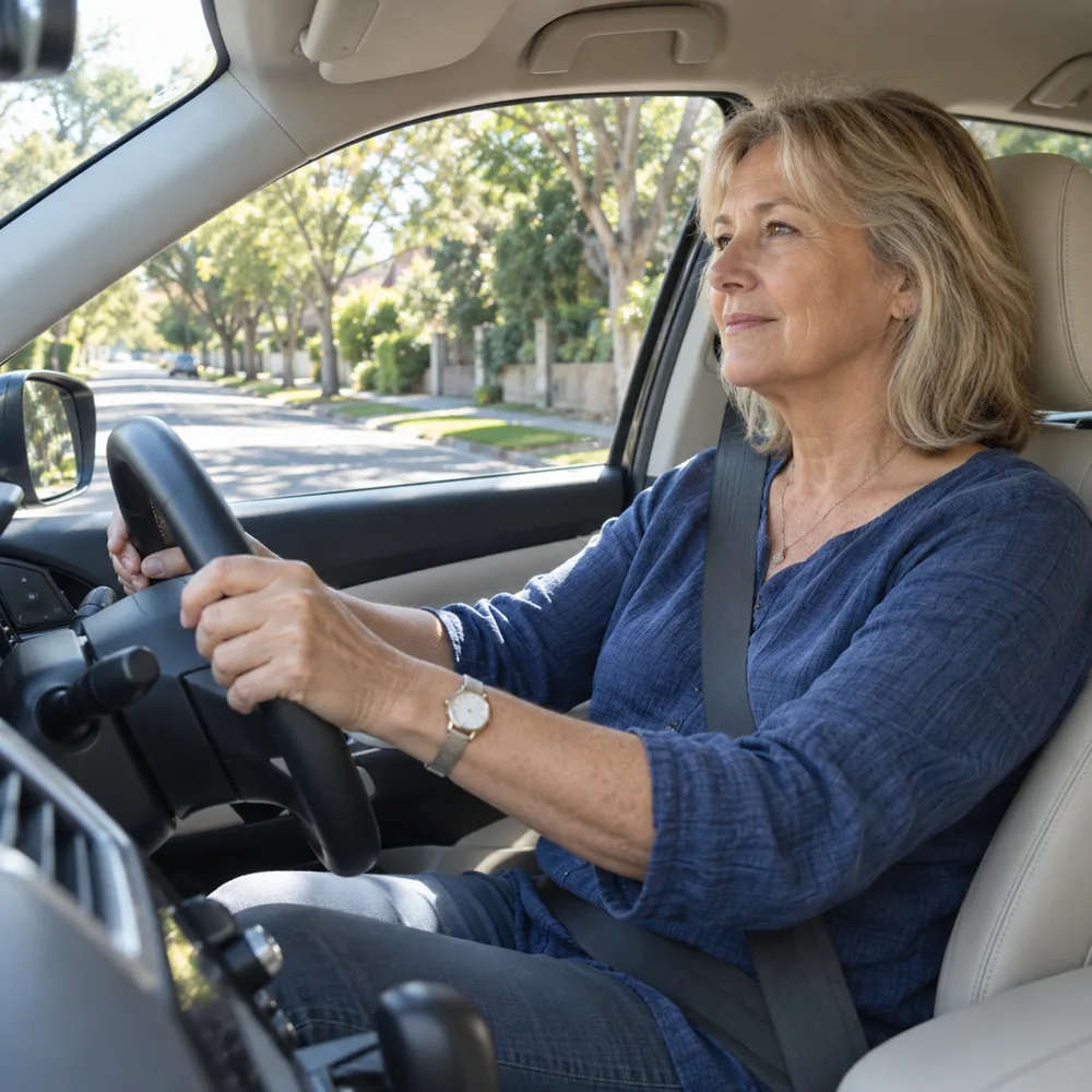 A woman driving on a tree-lined road
