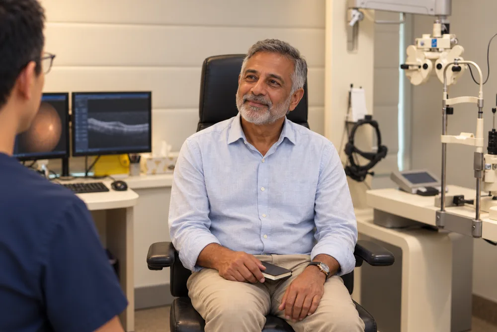 A man listening to the surgeon during a consultation, with a retinal scan on the screen