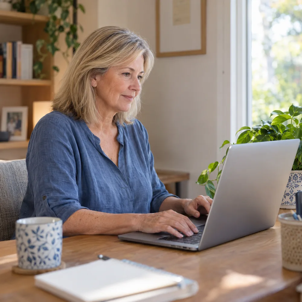A woman looking at a laptop at arm’s length