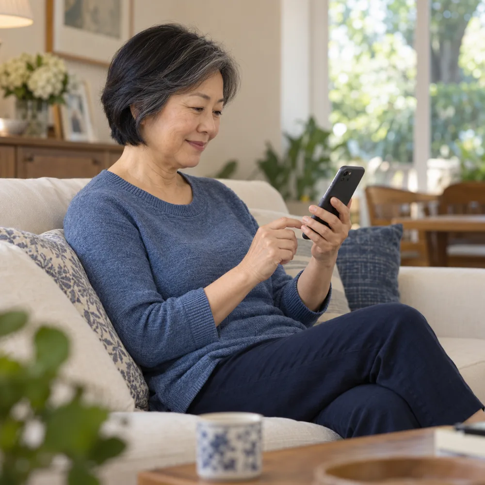A woman reading a message on her phone