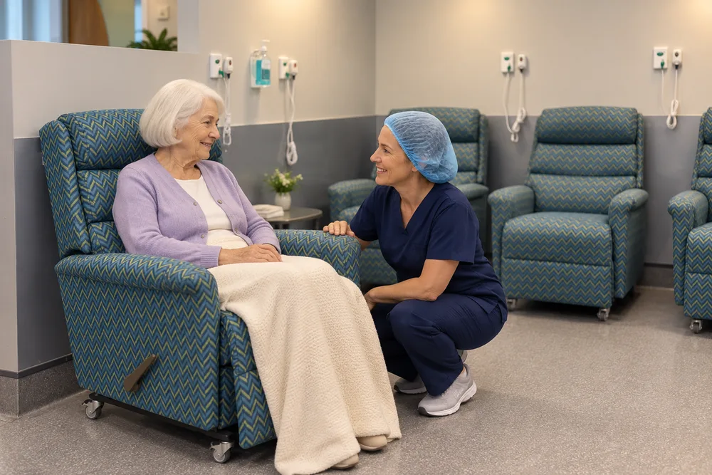 A nurse chatting with a woman relaxing in a recliner before surgery