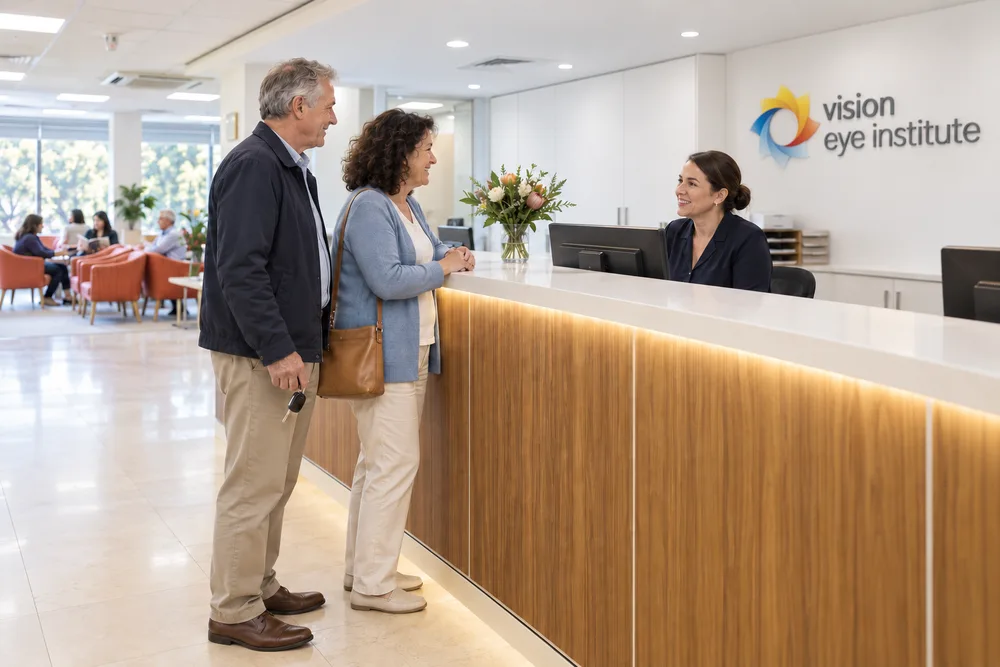 A couple arriving at the clinic reception desk