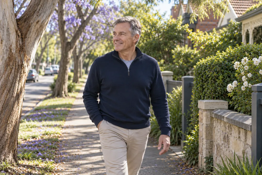 A man walking along a leafy suburban street
