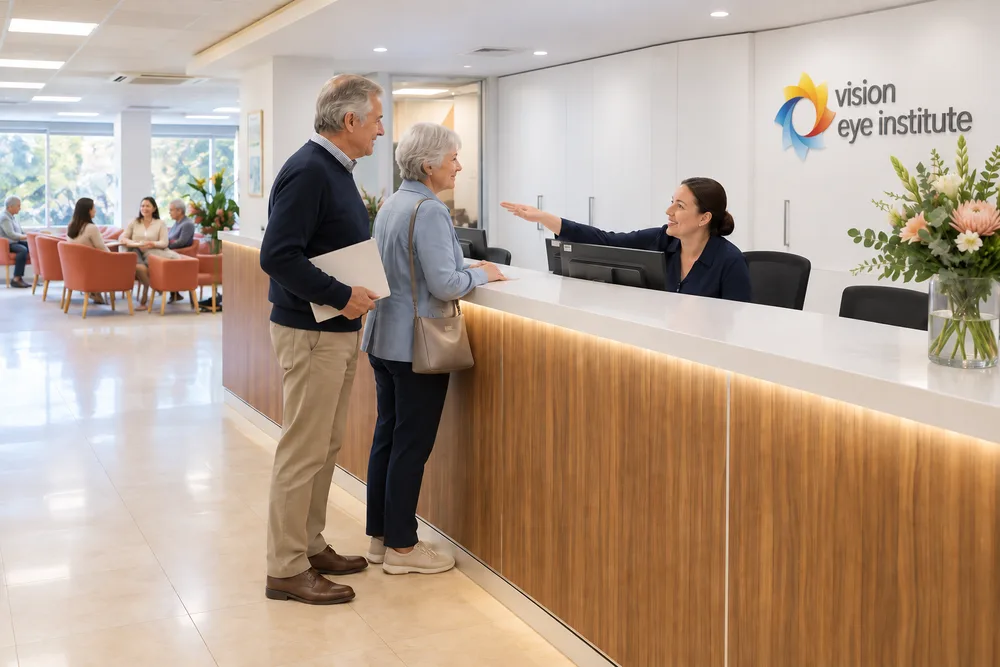 A receptionist welcoming a couple at the clinic front desk