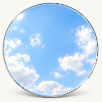 Dots and specks drifting across a bright sky inside a stationary circular lens.