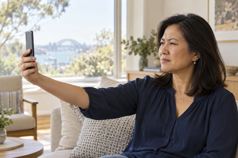 A woman around 50 holding her phone at arm’s length, looking mildly frustrated by difficulty reading close-up text.