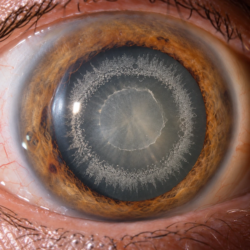 A dilated pupil showing white deposits on the front of the lens, with a clearer ring between central and peripheral deposits.