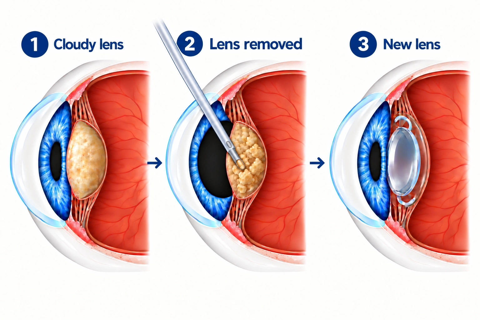 The cloudy natural lens is removed and replaced with an artificial lens. The same basic operation is used in both systems.