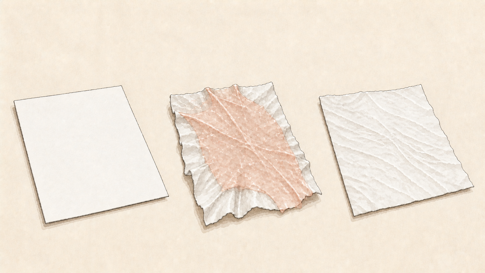 Smooth tissue paper, paper scrunched by a contracting membrane, and paper with fine creases after flattening.