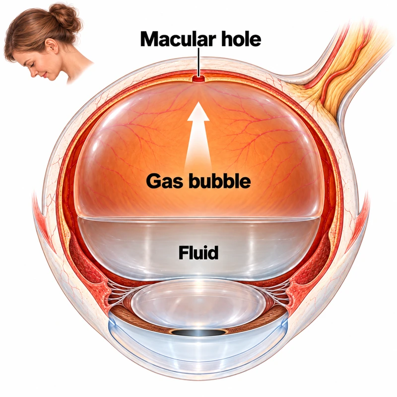 Gas floats upwards. Face-down positioning brings the bubble against the macular hole. Follow the position and duration prescribed for your eye.