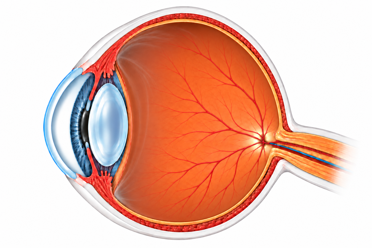 Eye cross-section showing the retina attached continuously to the eye wall, without a tear or fluid beneath it.
