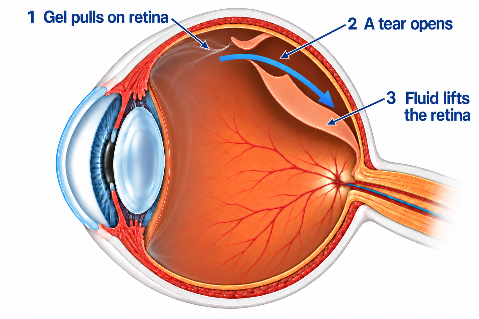 1. Gel pulls on the retina. 2. A tear opens. 3. Fluid lifts the retina.