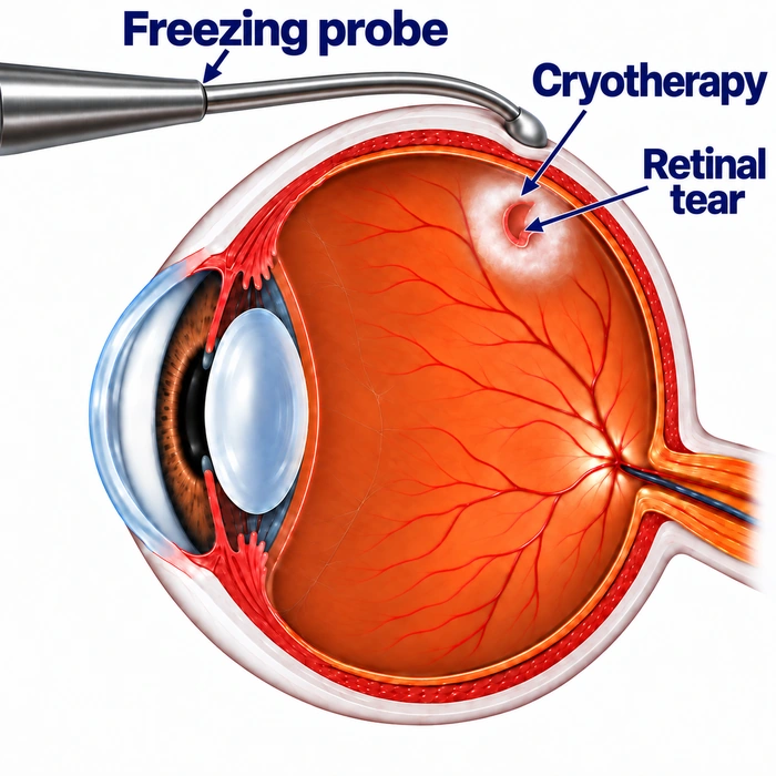 Freezing probe on the outside of the eye, with a white treated area around a retinal tear.