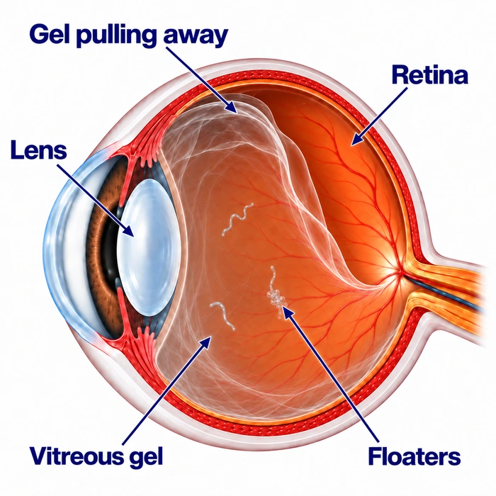 Eye cross-section showing partial separation of vitreous gel, with floaters and continued attachment along the lower retina.