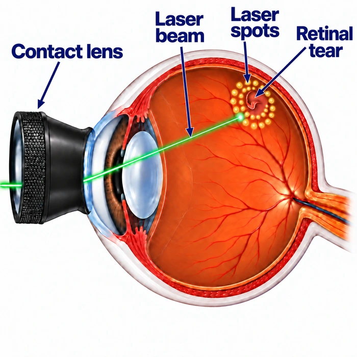 Green laser beam passing through a contact lens to laser spots surrounding a retinal tear.