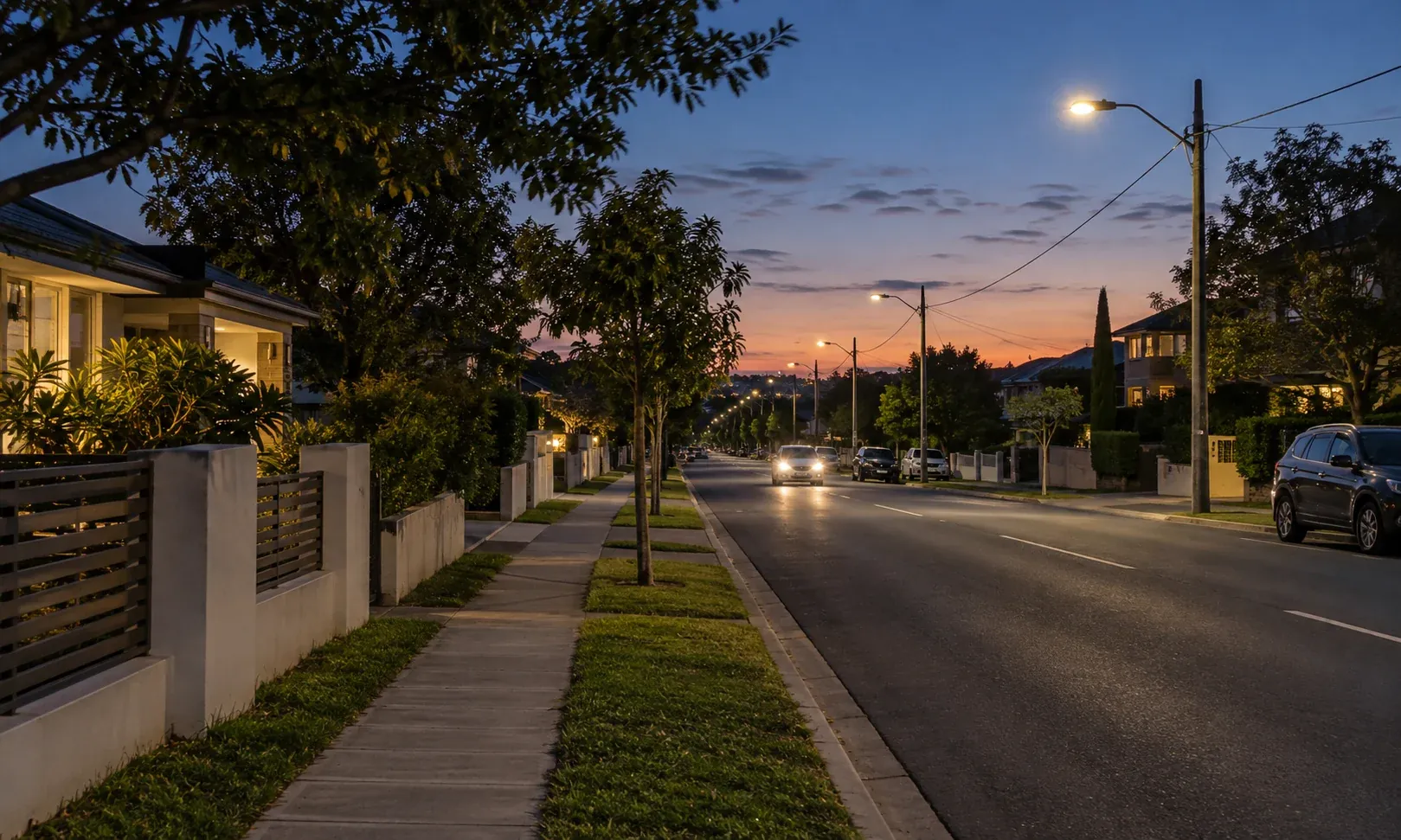 Street at dusk with a movable comparison showing added glare and a halo around lights
