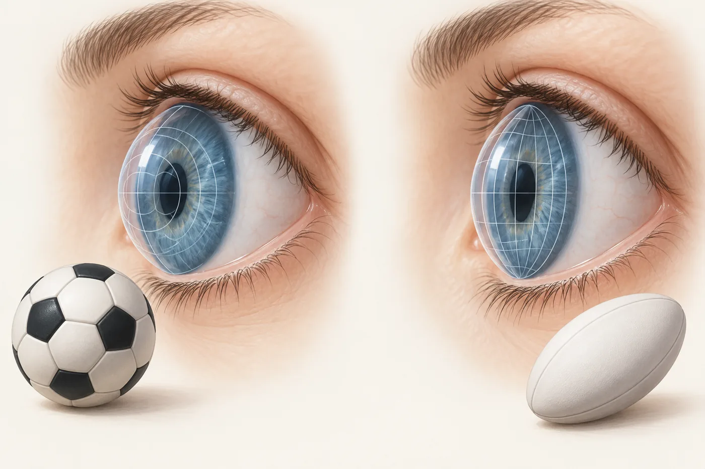 An evenly curved cornea beside a soccer ball, and a cornea slightly steeper in one direction beside a rugby ball.