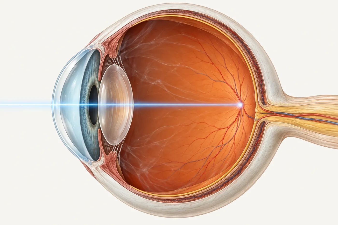 Cross-section of the eye with a beam of light along the visual axis from the cornea to the retina, and the axial length marked beneath.
