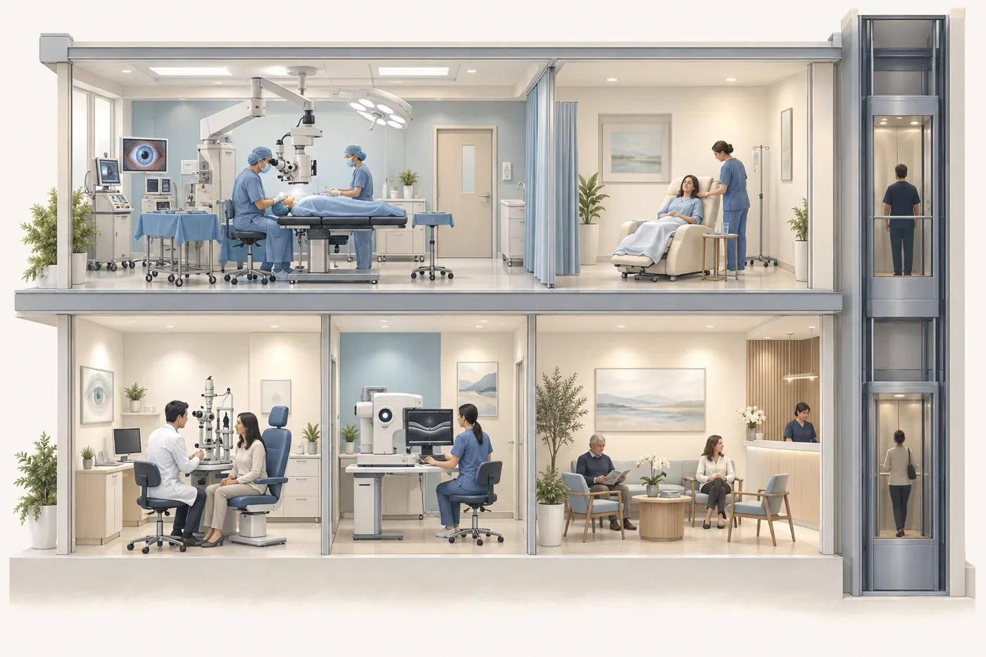 Cutaway illustration of two floors: the day surgery on level 4 with an operating theatre and recovery area, and Dr Chen’s clinic on level 3 with consultation, imaging and waiting areas, joined by a lift.
