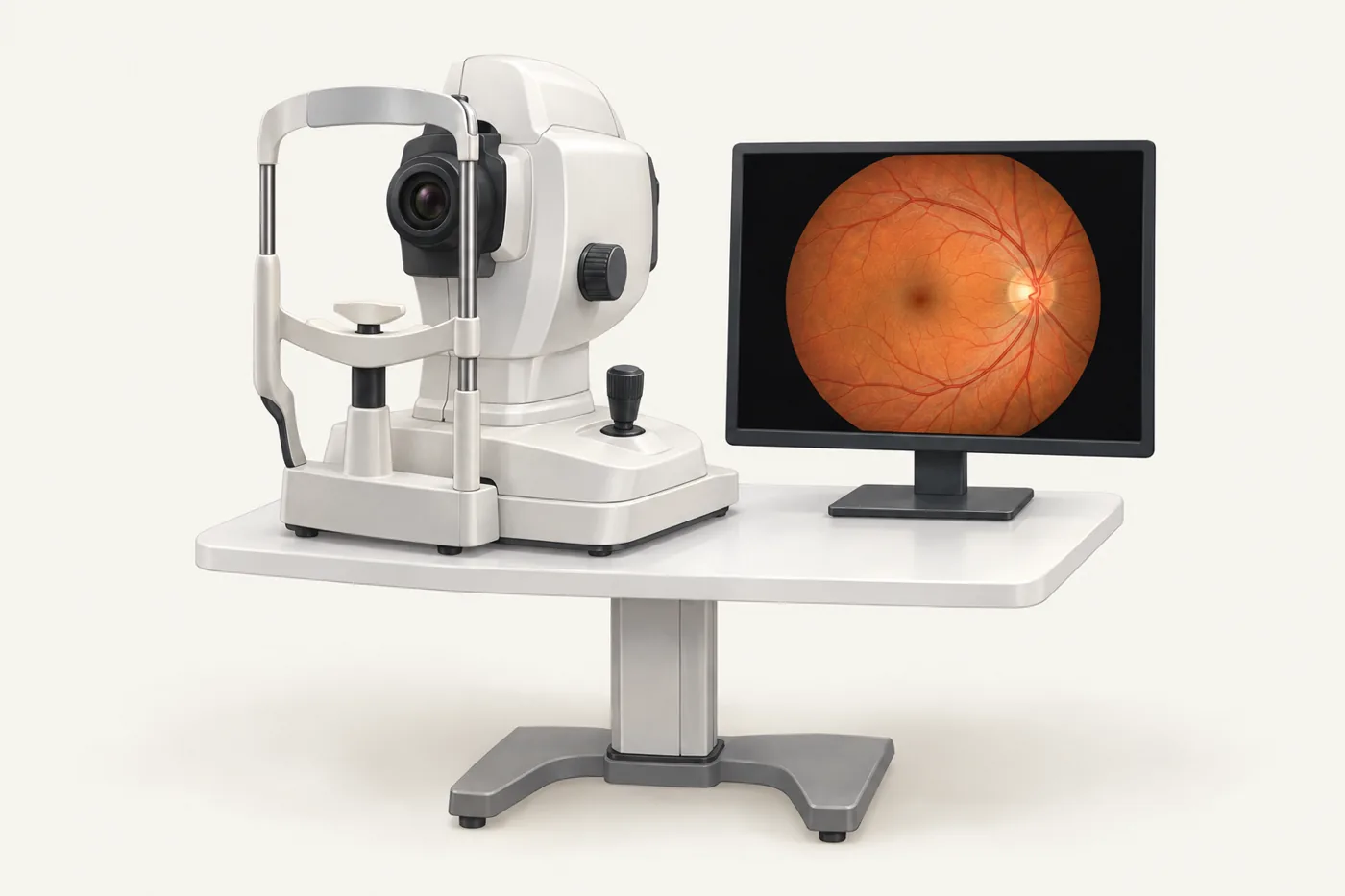 Illustration of an ophthalmic diagnostic instrument with a chin rest and a monitor showing a retinal image, in a bright clinic room.