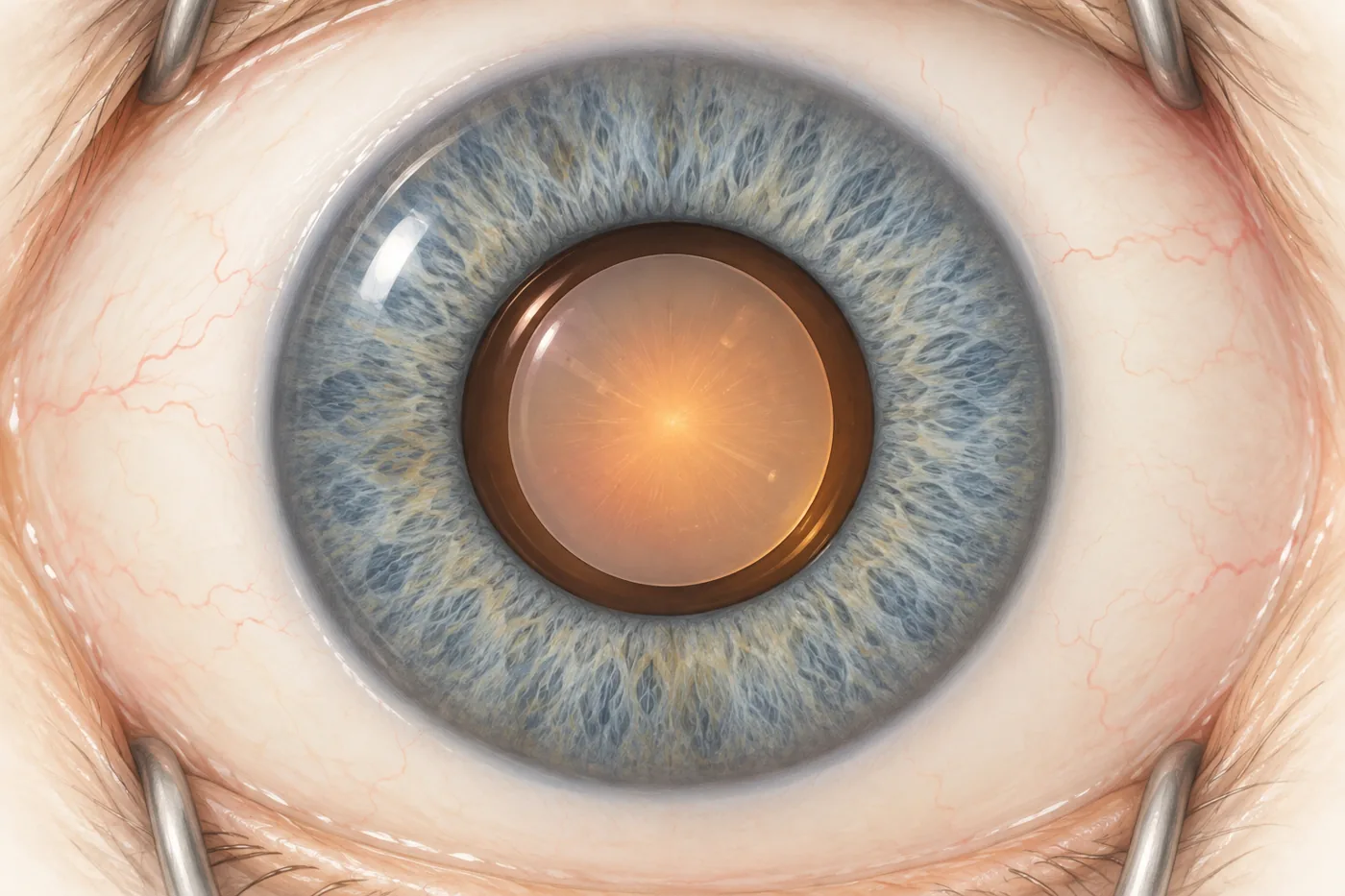 Illustration of an eye with a cataract in the operating microscope. Digital guides show the incision sites, a 5.0 mm circle for the capsule opening and a dotted red toric lens axis line at 20 degrees.