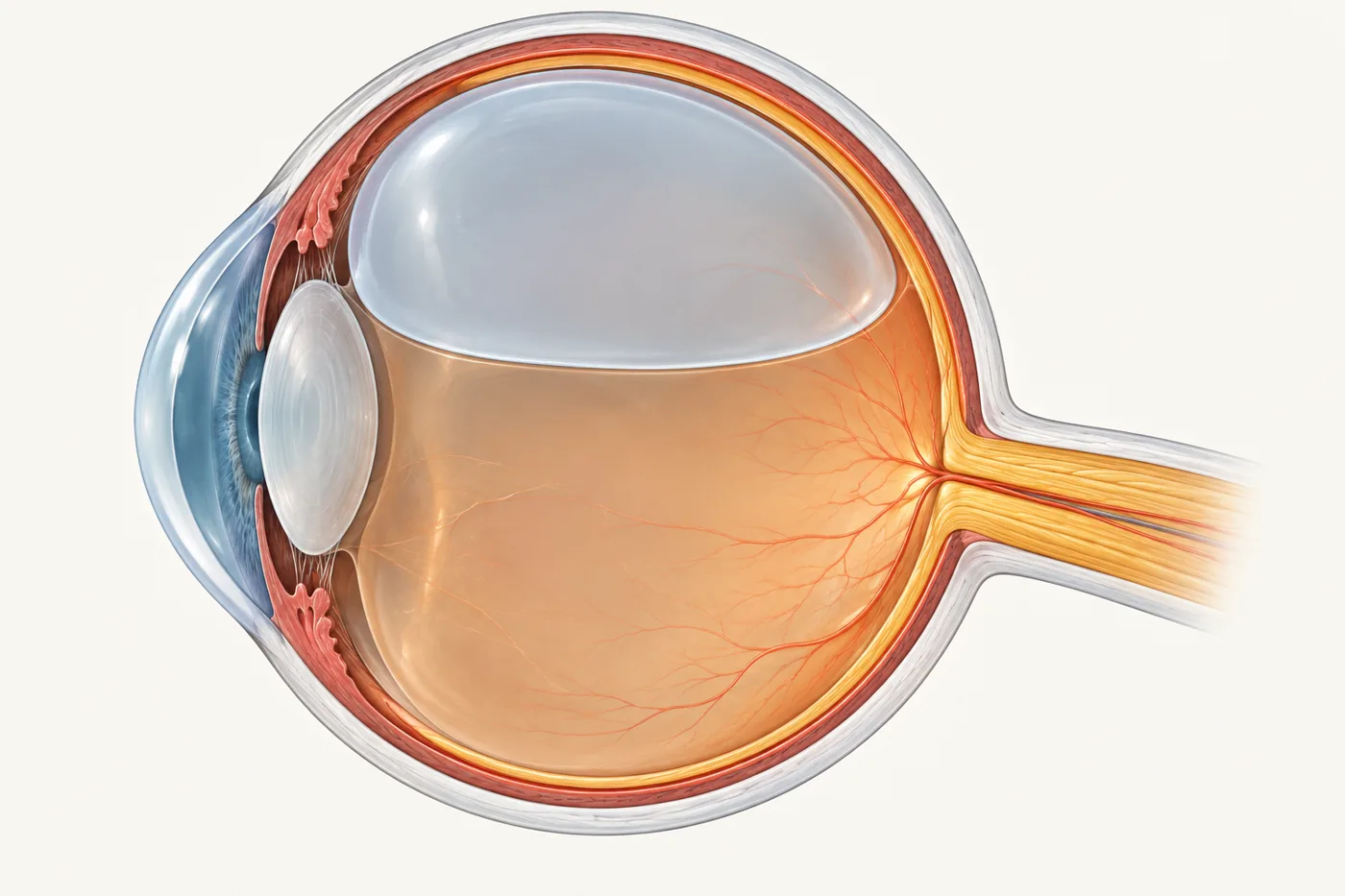 Cross-section of the eye with a gas bubble filling the upper part of the eye above a flat fluid level.