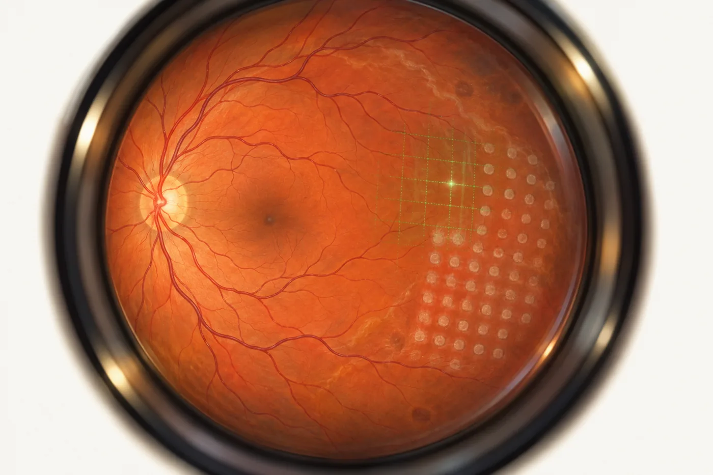 Illustration of the retina during laser treatment, with a neat grid pattern of small laser spots in the peripheral retina.