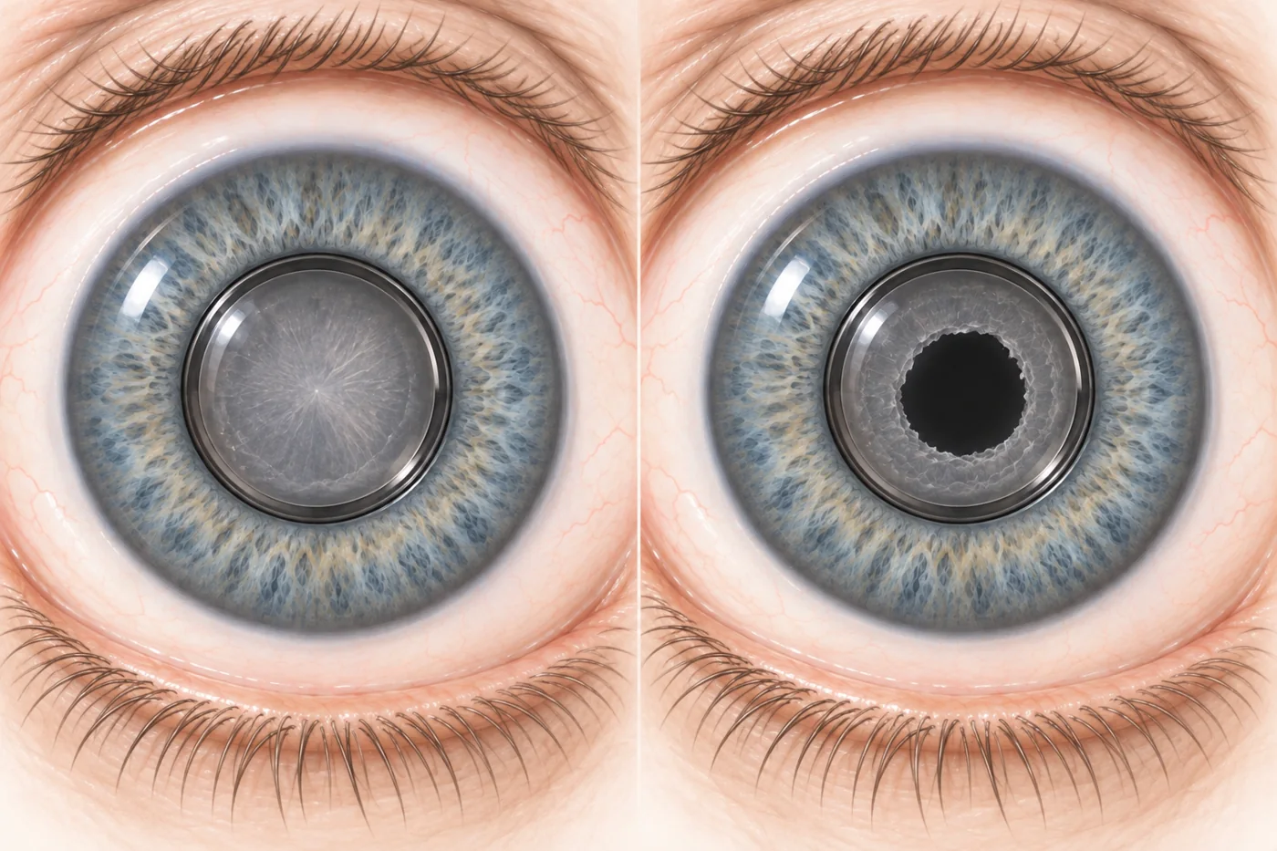 Face-on comparison of a cloudy posterior capsule and an opening after YAG laser treatment.